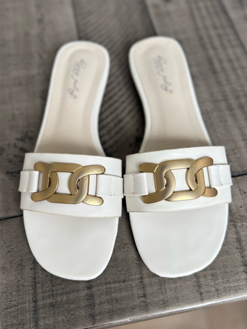 White Slide Sandals with Gold Chain Accent